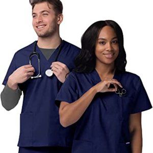Unisex Hospital Scrubs Classic V-Neck Top & Drawstring Pants Scrub Set -  XS